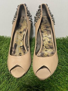 Sam Edelman Nude/Taupe Peep-Toe Pumps with Silver Stud Heel